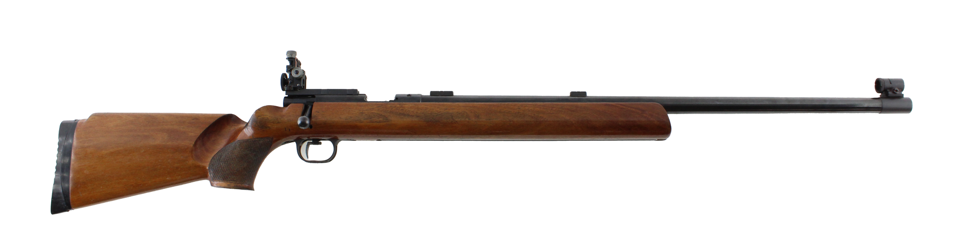 A rifle with a wooden stock, barrel, and sight, against a white background.