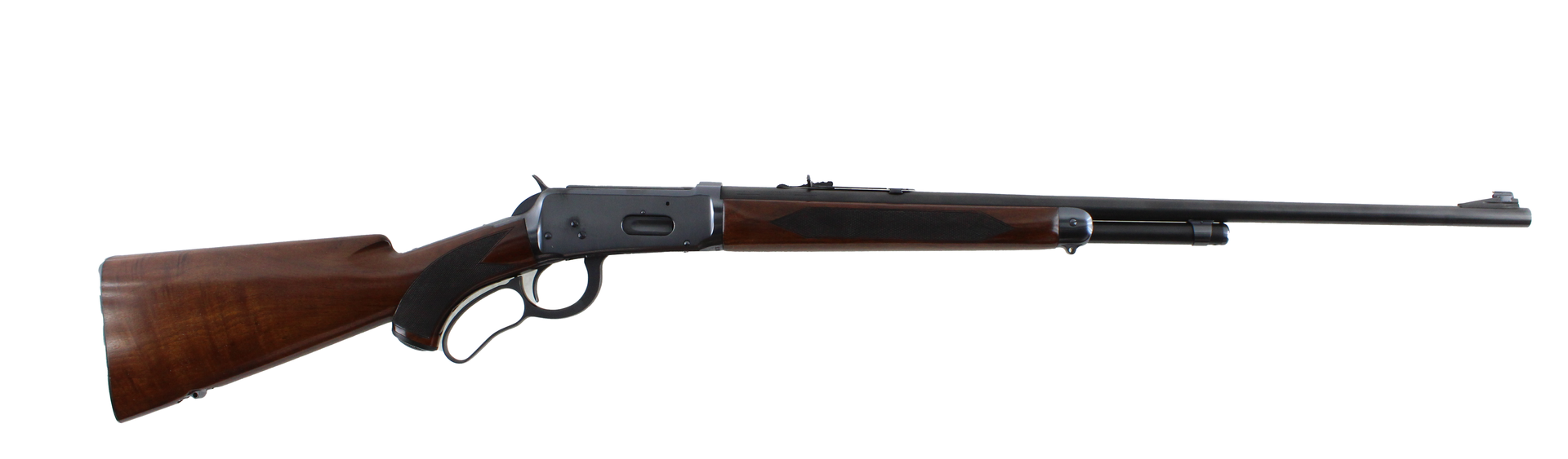 A Winchester lever-action rifle, brown stock and barrel, set against a white background.