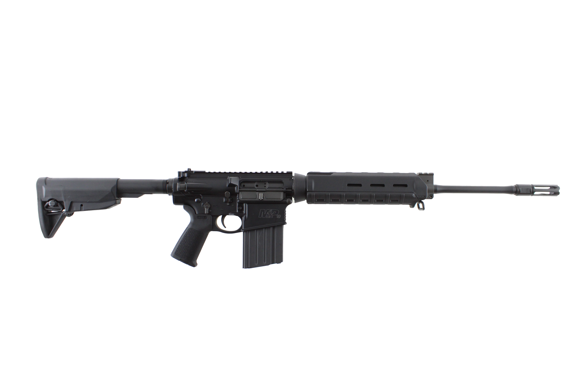 Black rifle on a white background.