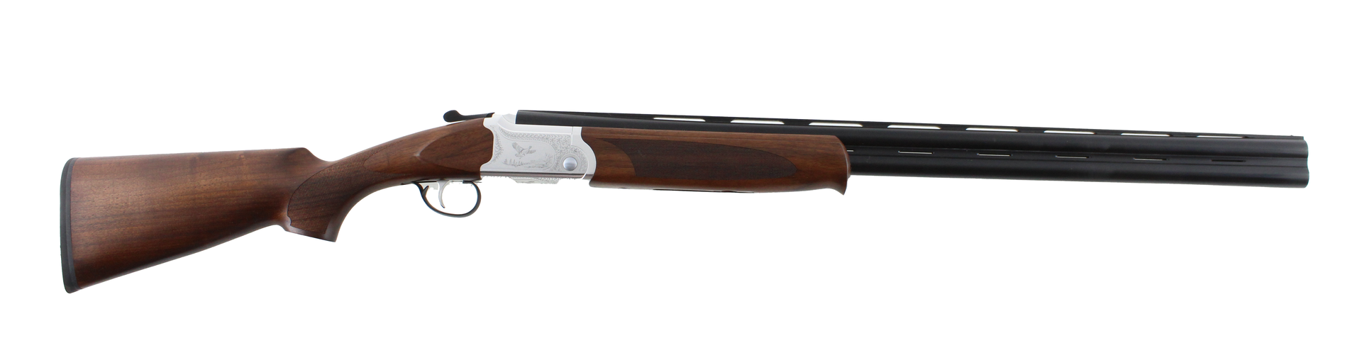 A brown and silver over-and-under shotgun.