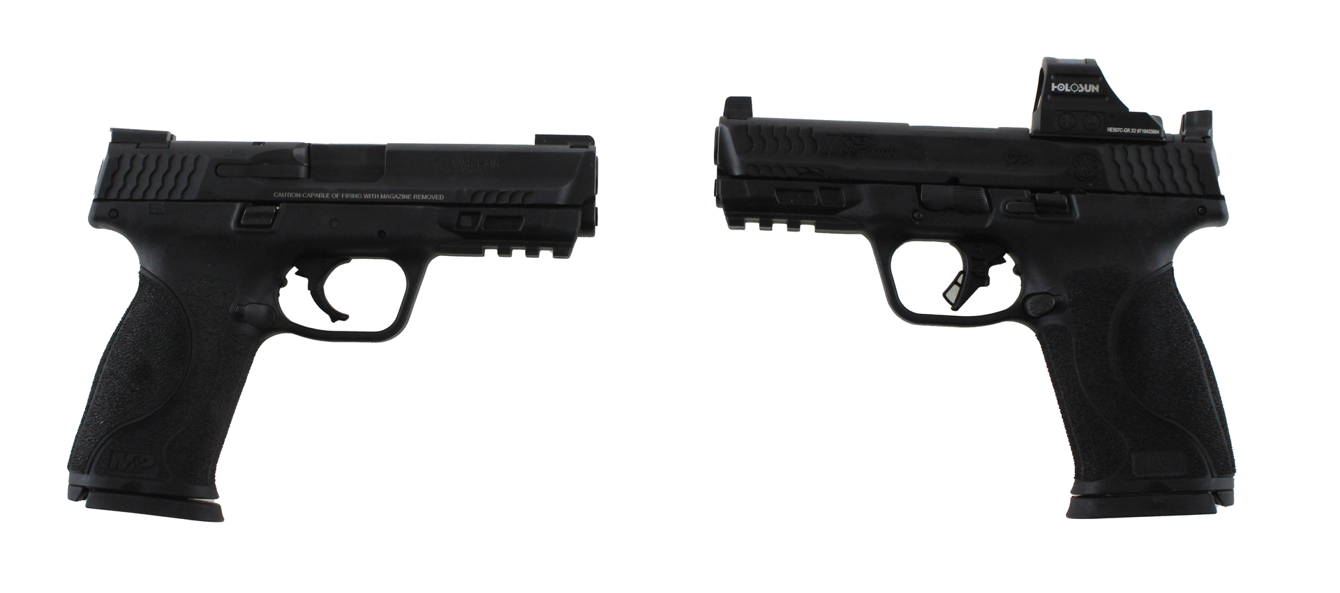 Two black handguns, one with a red dot sight.