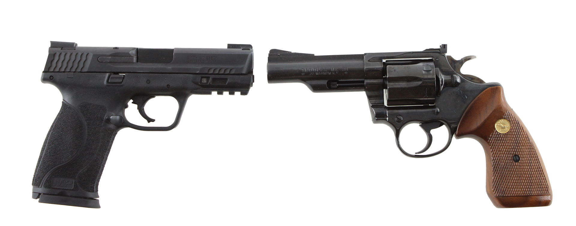 Two black handguns, a semi-automatic and a revolver, side by side on a white background.