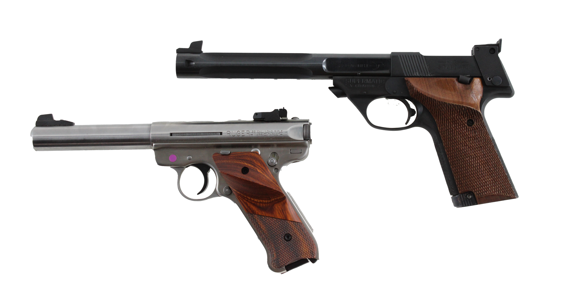Two semi-automatic pistols with dark and silver metal finishes, wood grips.