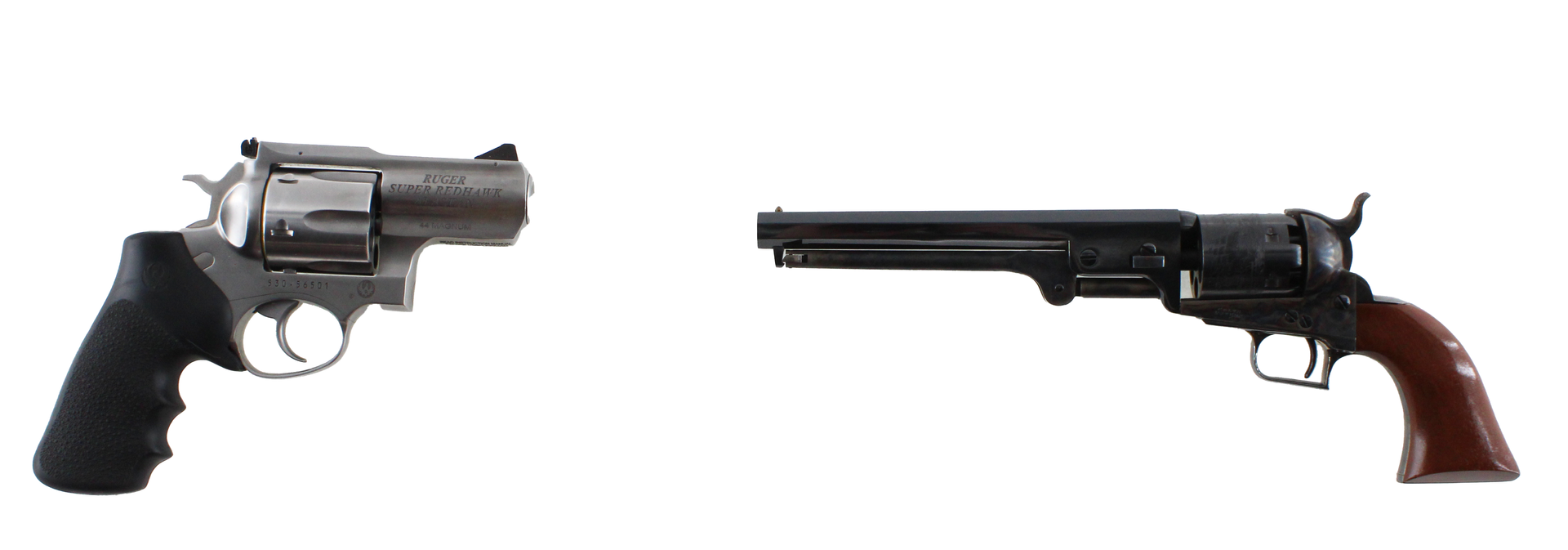 Two revolvers side by side. One modern, silver, and one old-fashioned with a wood grip.