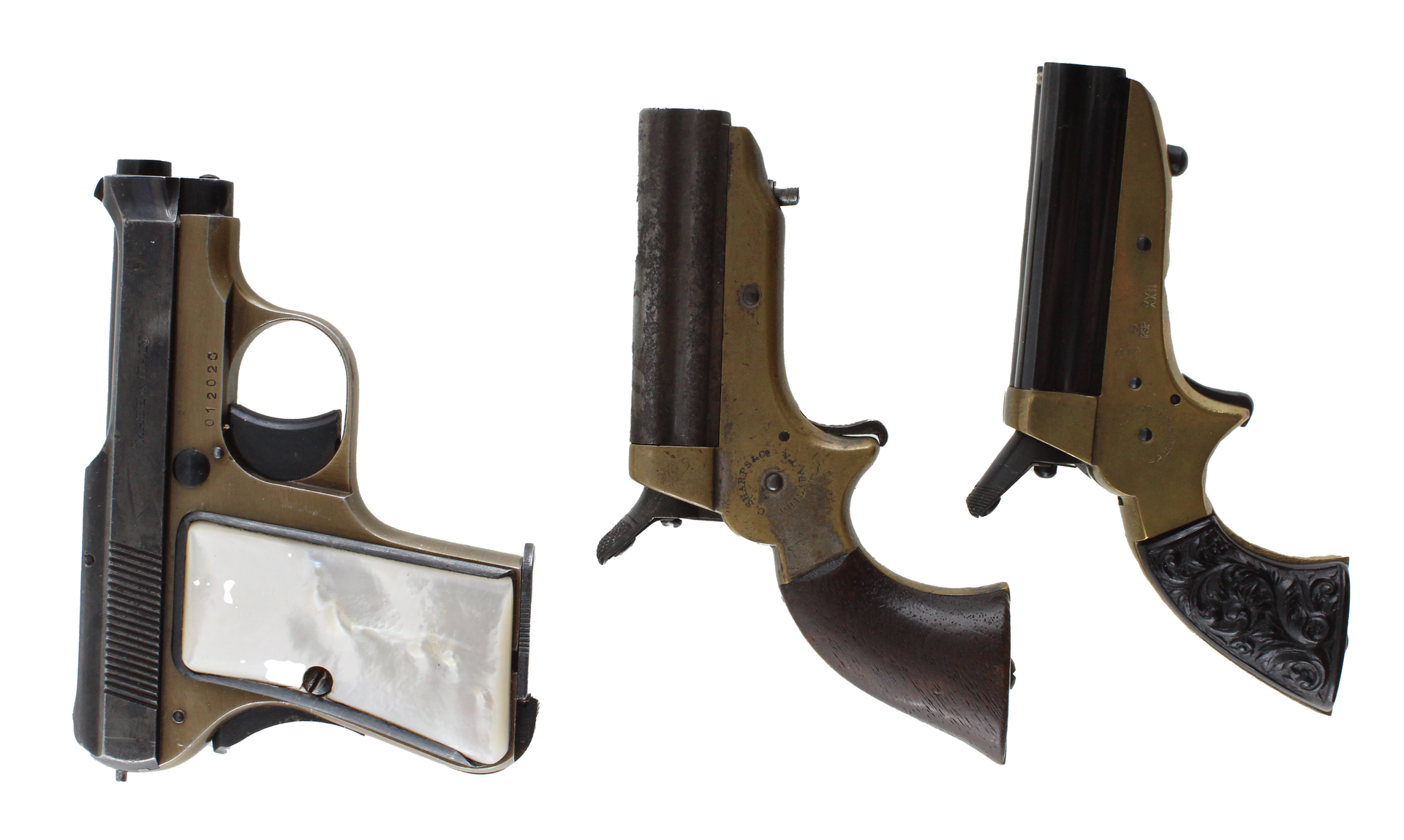 Three antique pistols with pearl grips, in varying views, on a white background.