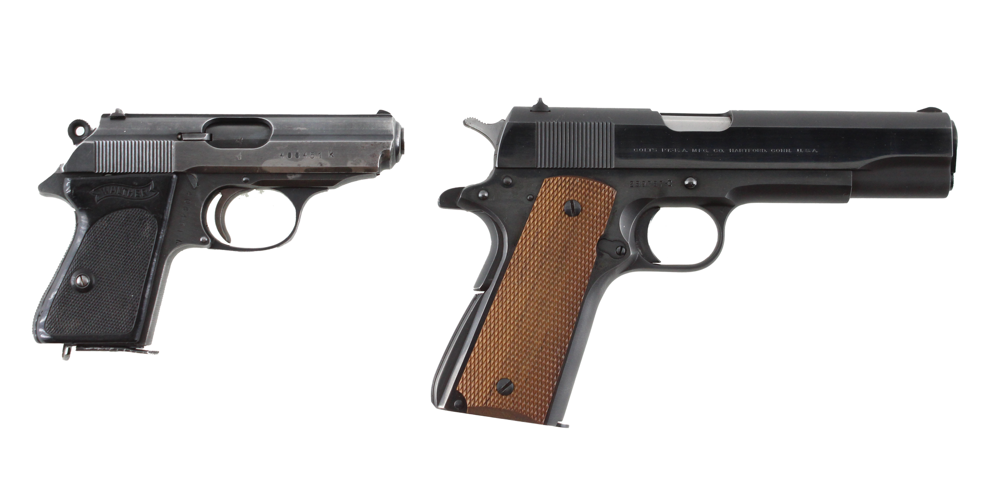 Two handguns on a white background: a small black pistol and a larger pistol with a wood grip.