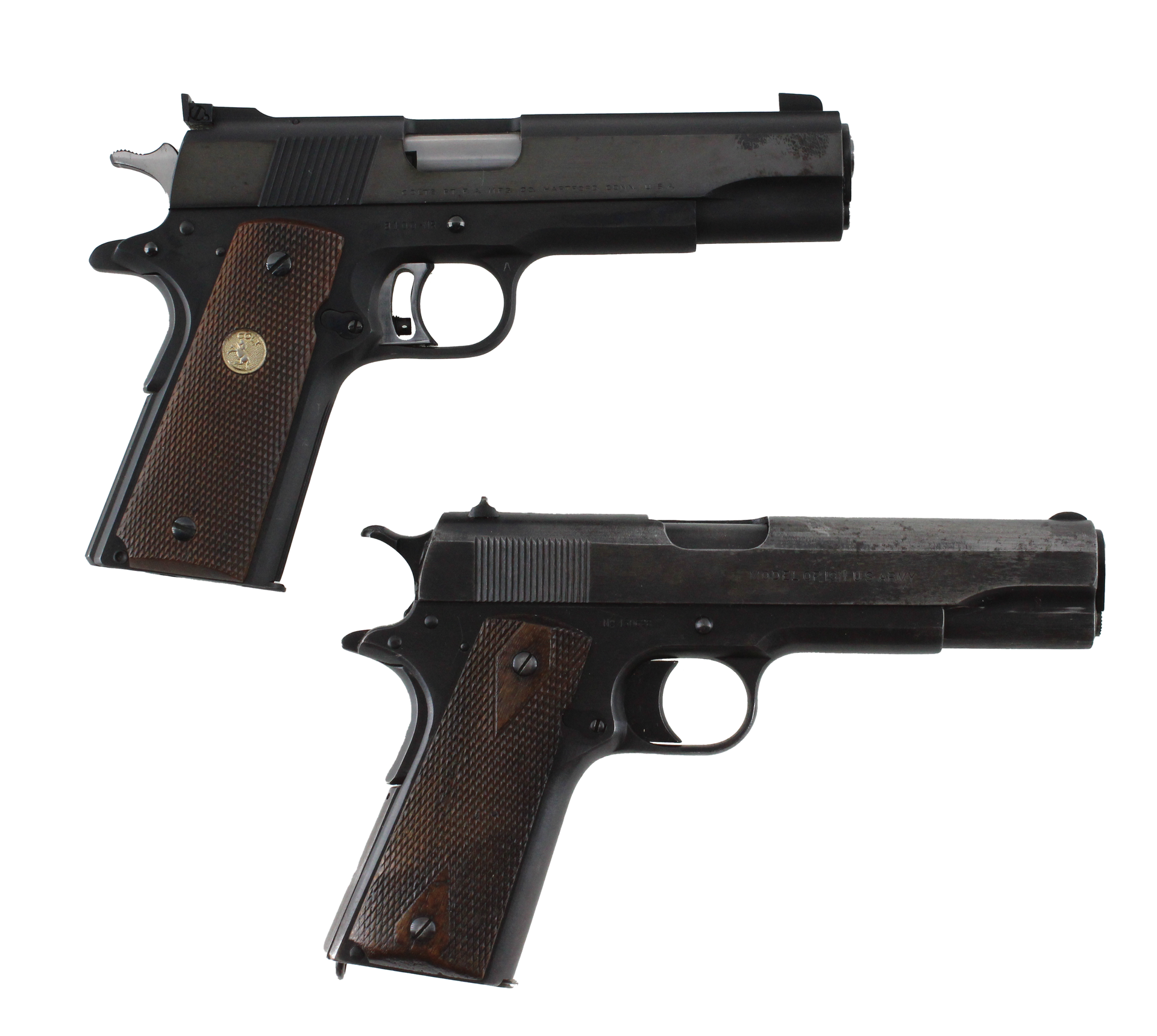 Two black handguns with brown grips, angled against a white background.