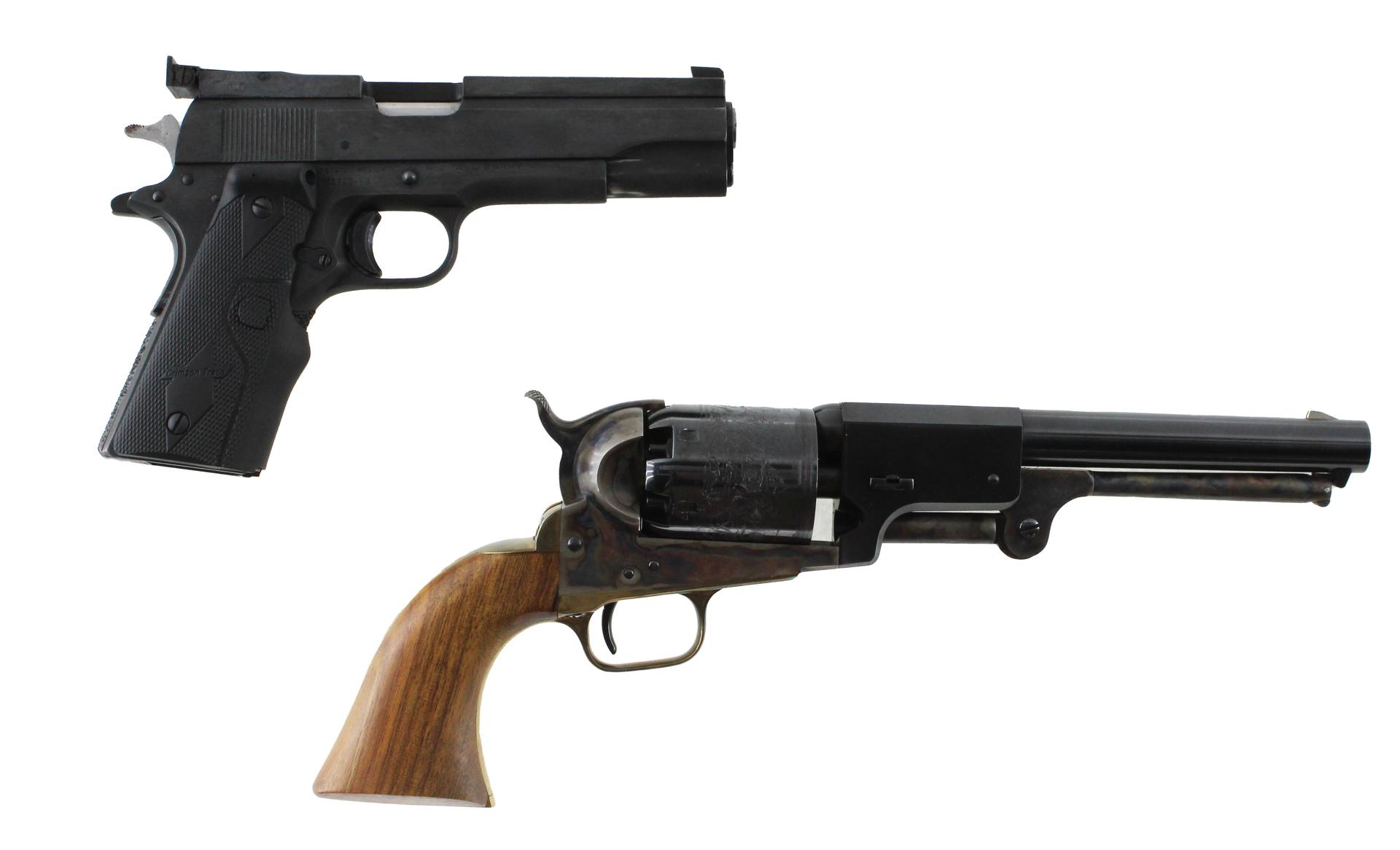 Black handgun and antique revolver on a white background.