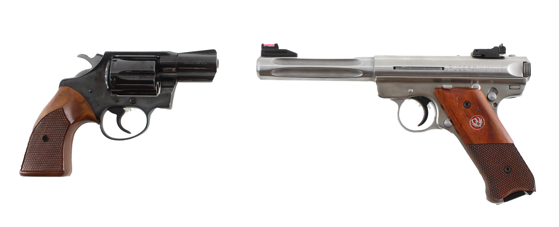 Two handguns: a black revolver with brown grip, and a silver pistol with wood grip.