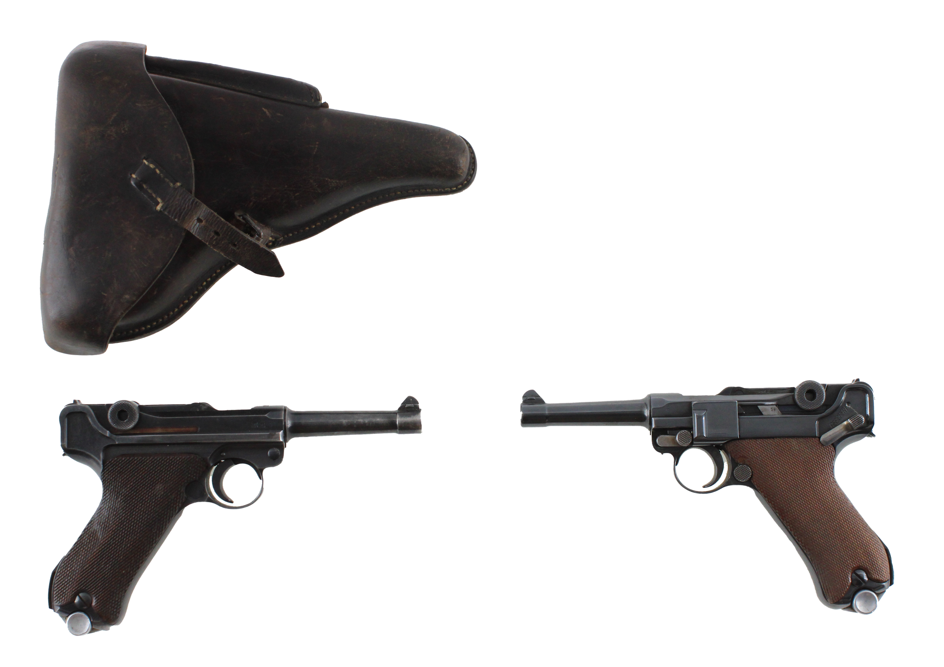 Two Luger pistols and a brown leather holster against a white background.