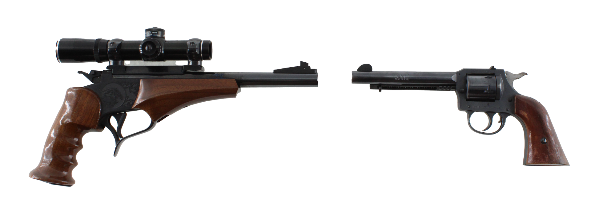 Two pistols, one with a scope. Both have brown grips and black barrels.