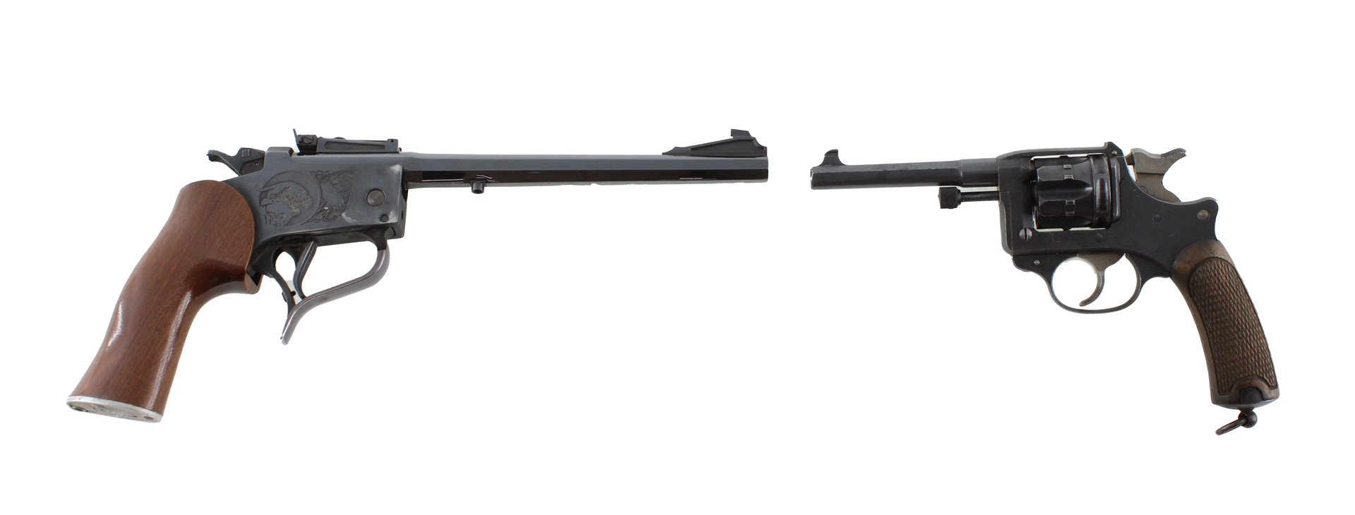 Two vintage firearms: a long-barreled pistol and a revolver, both against a white background.
