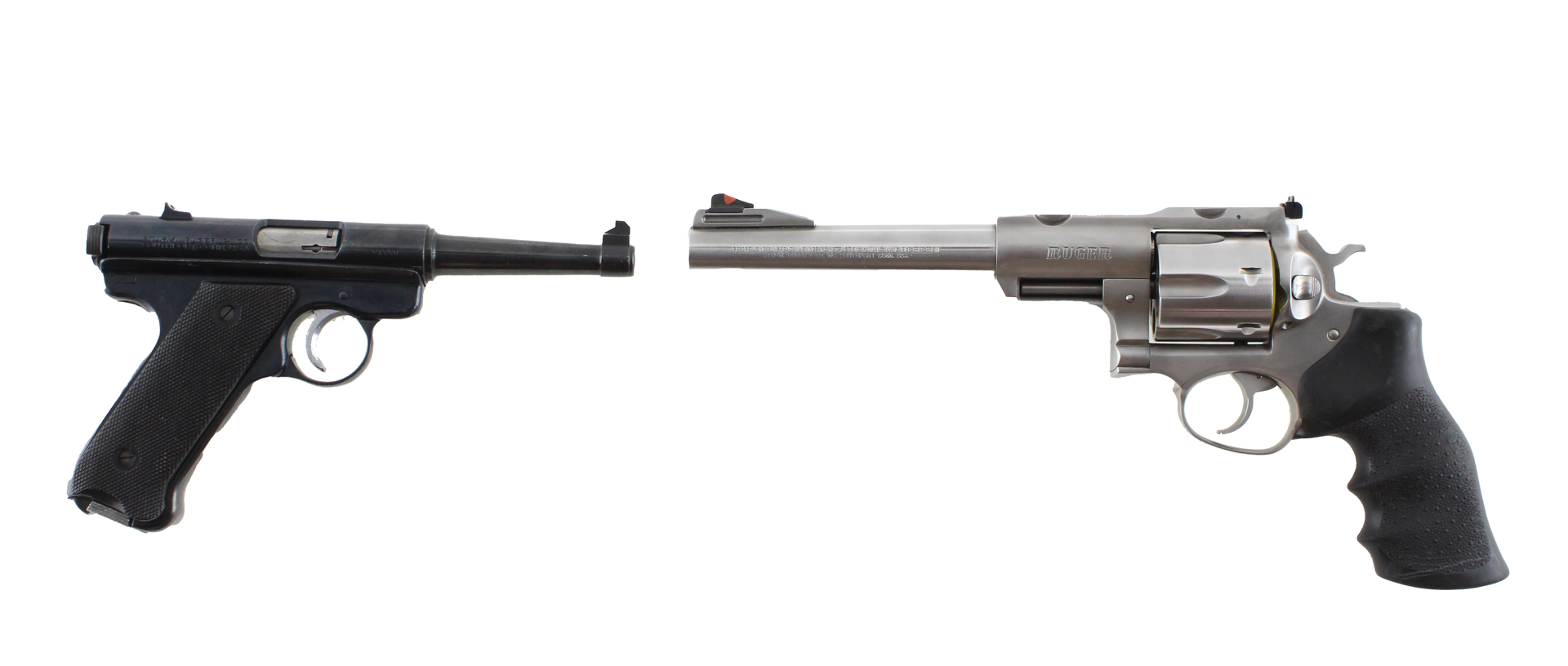 Two handguns against a white background; one black pistol and a silver revolver.