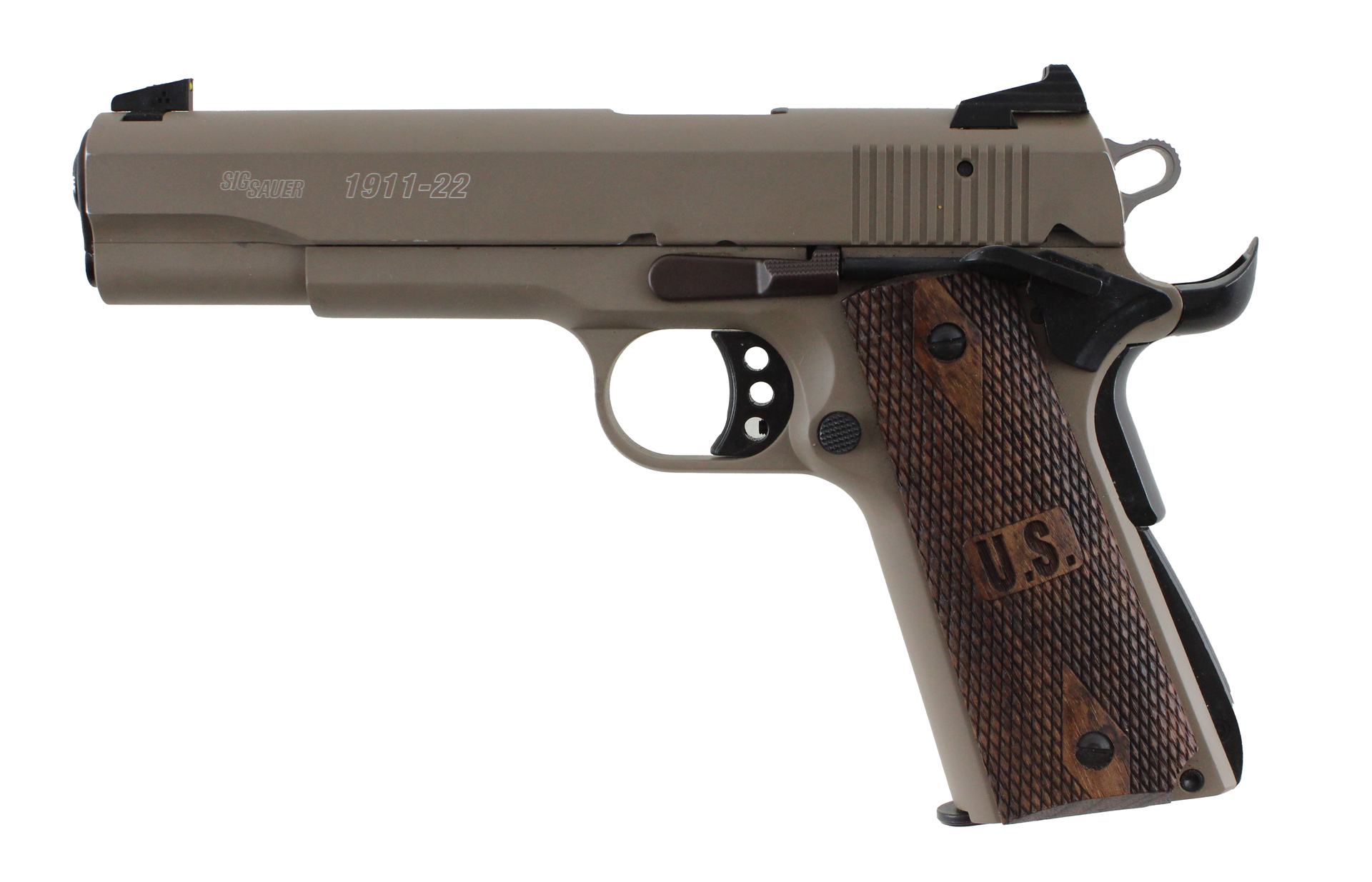 Tan SIG Sauer 1911 pistol with wooden grips.