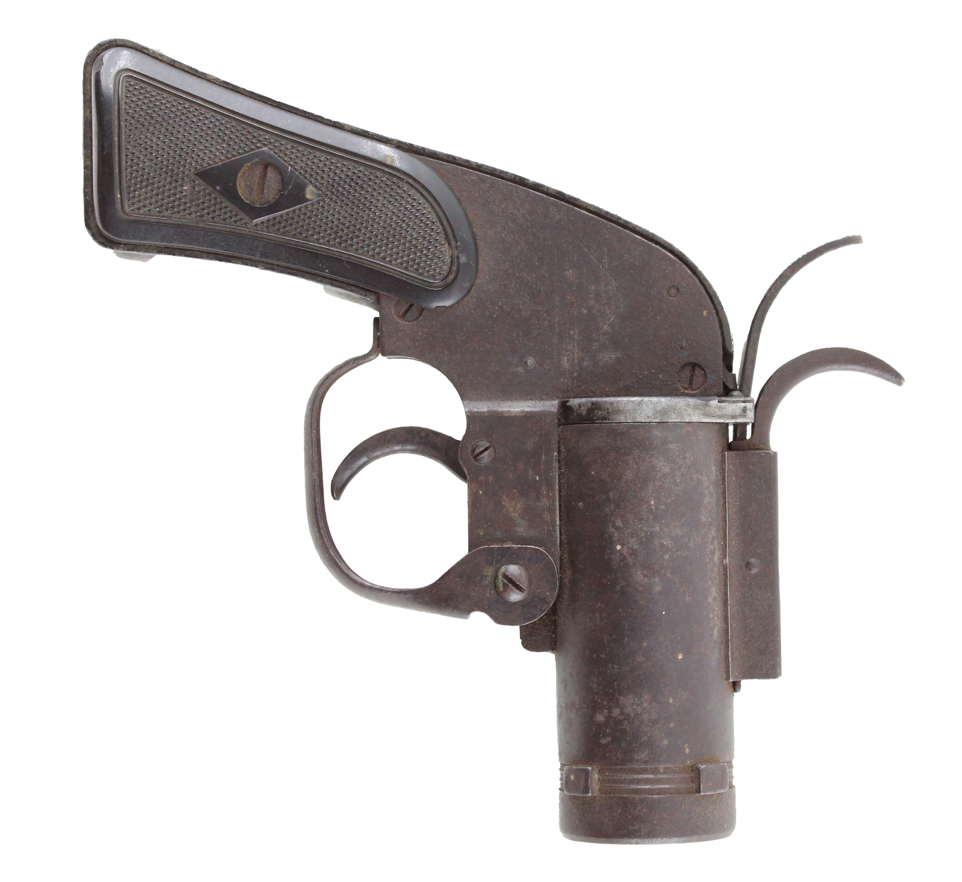 Antique, single-shot pistol with textured grip. Steel construction, open barrel, trigger, and hammer exposed.
