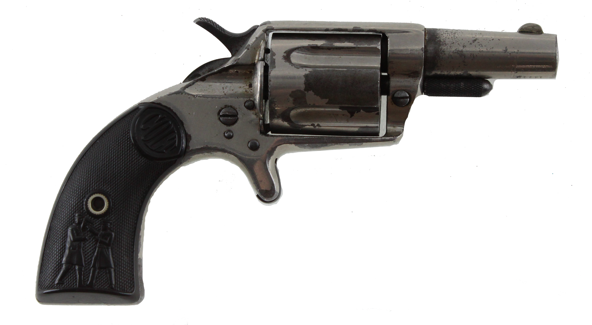 Small, antique revolver with black grip and dark metal frame.