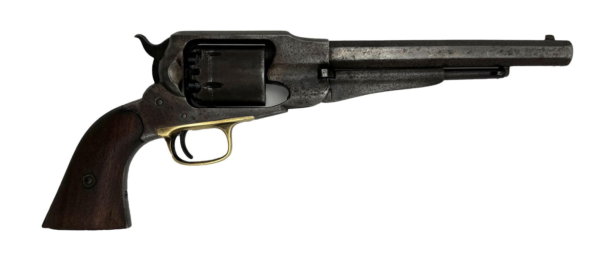 A black antique revolver with a brown wooden grip and gold trigger, against a white background.