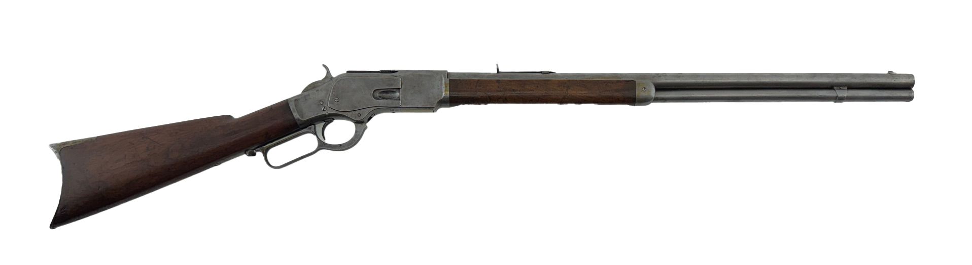 A lever-action rifle with a dark wooden stock and barrel.