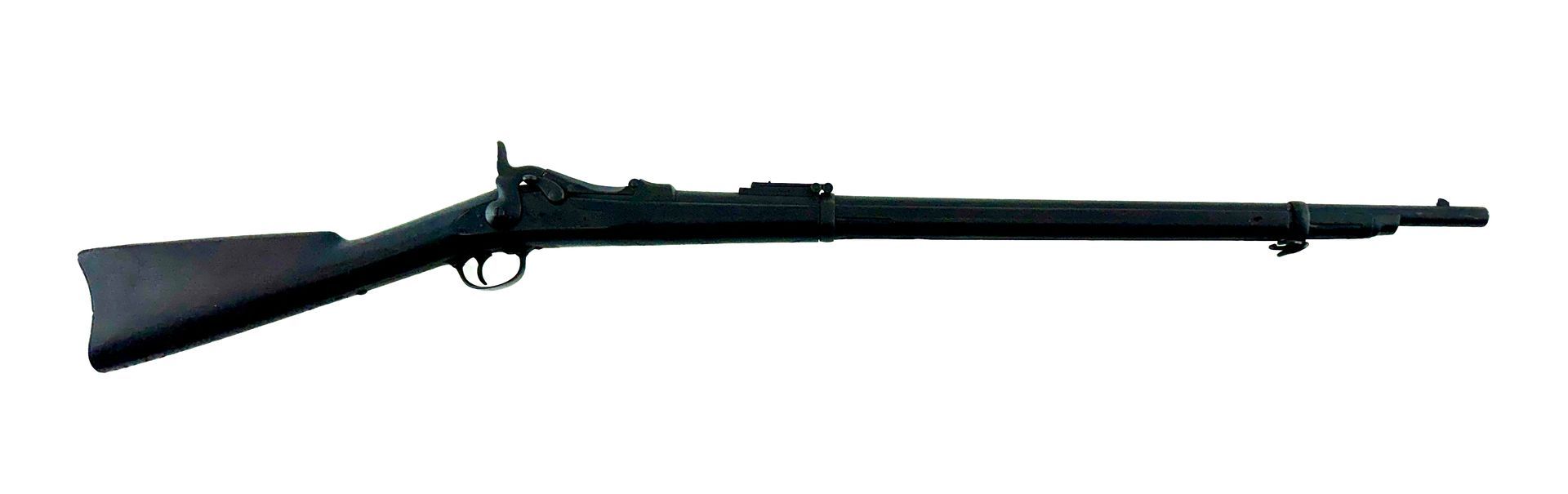 A black antique rifle with wooden stock.