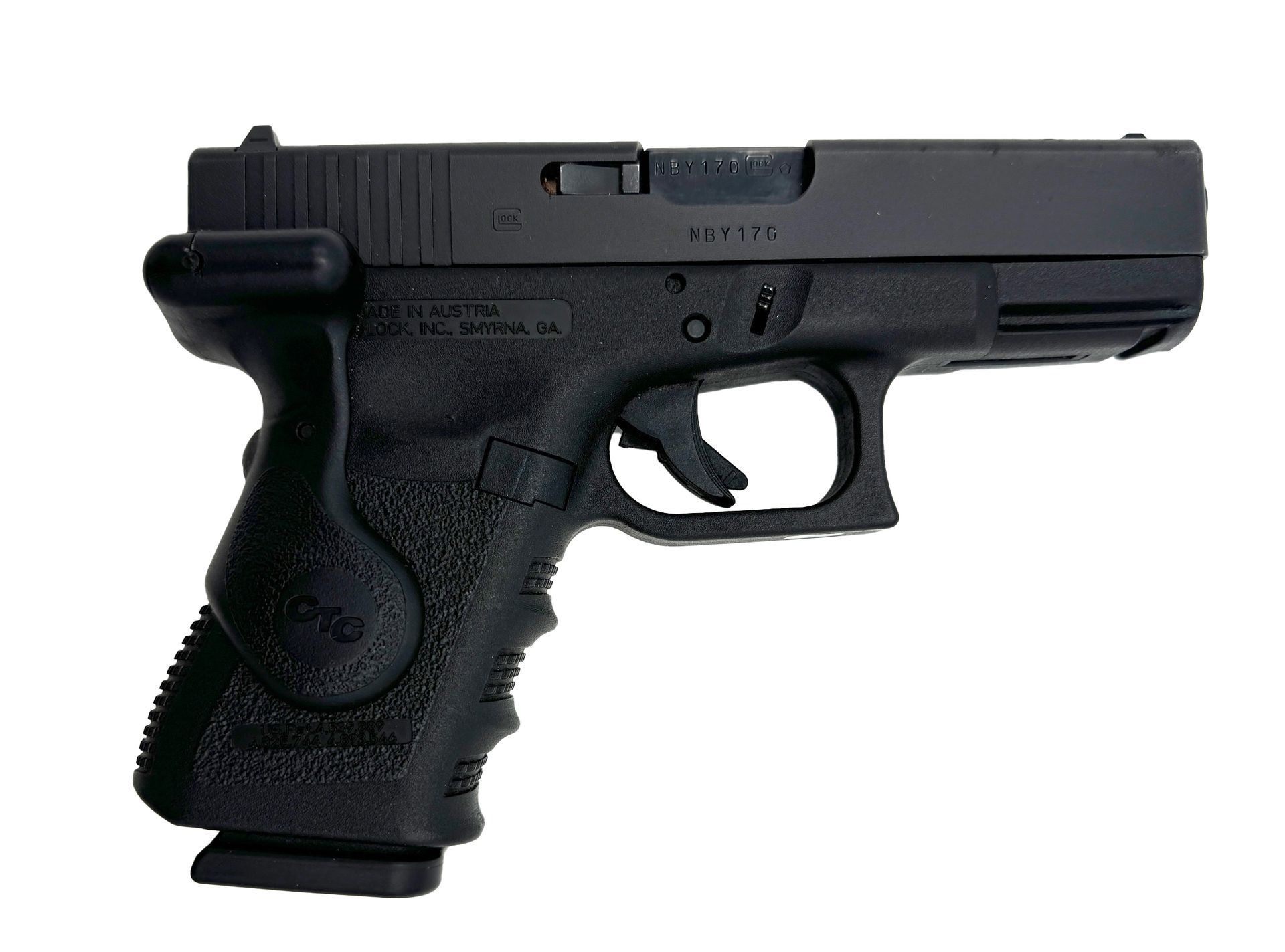 Black Glock handgun with textured grip, angled right on white background.