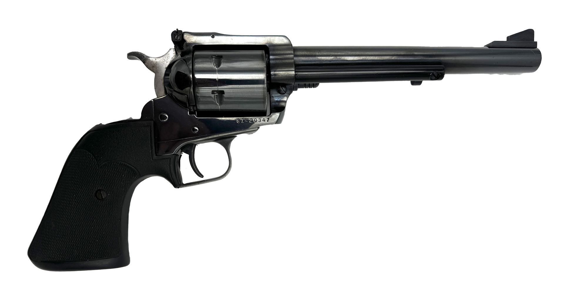 Black revolver handgun with a long barrel and black grip.
