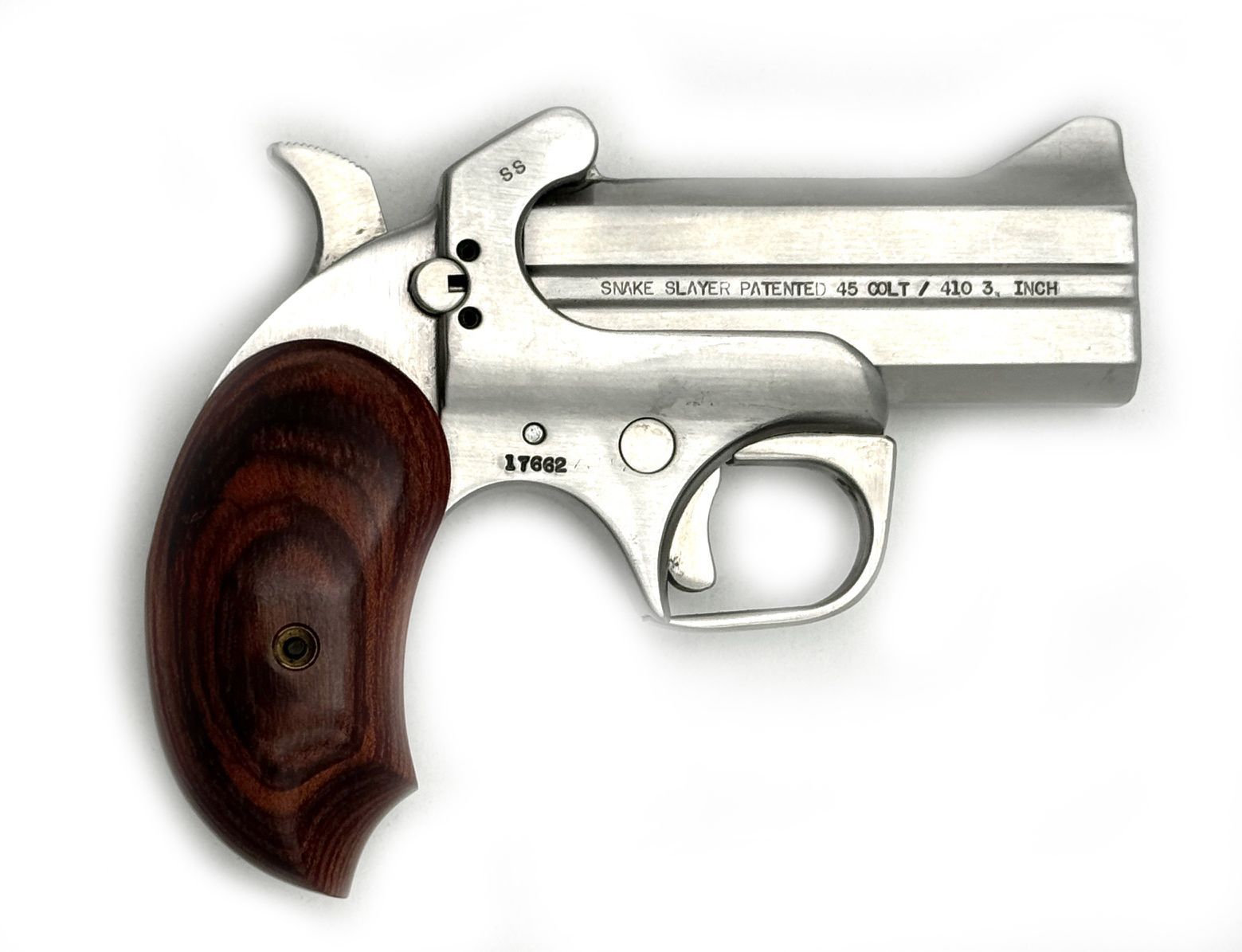 Silver Derringer pistol with wooden grip, against a white background.
