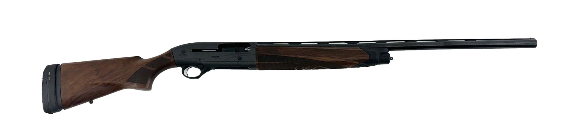 A shotgun with dark wooden stock and barrel on a white background.