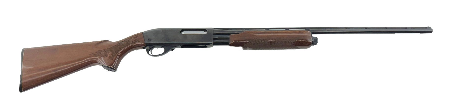 A brown and black shotgun against a white background.
