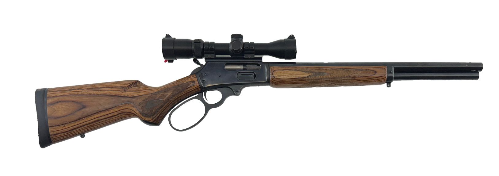 A lever-action rifle with a scope, featuring a wooden stock and barrel cover, against a white background.