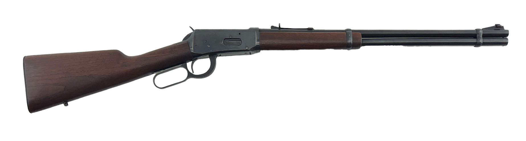 Lever-action rifle, brown wood stock, dark metal barrel and receiver, white background.