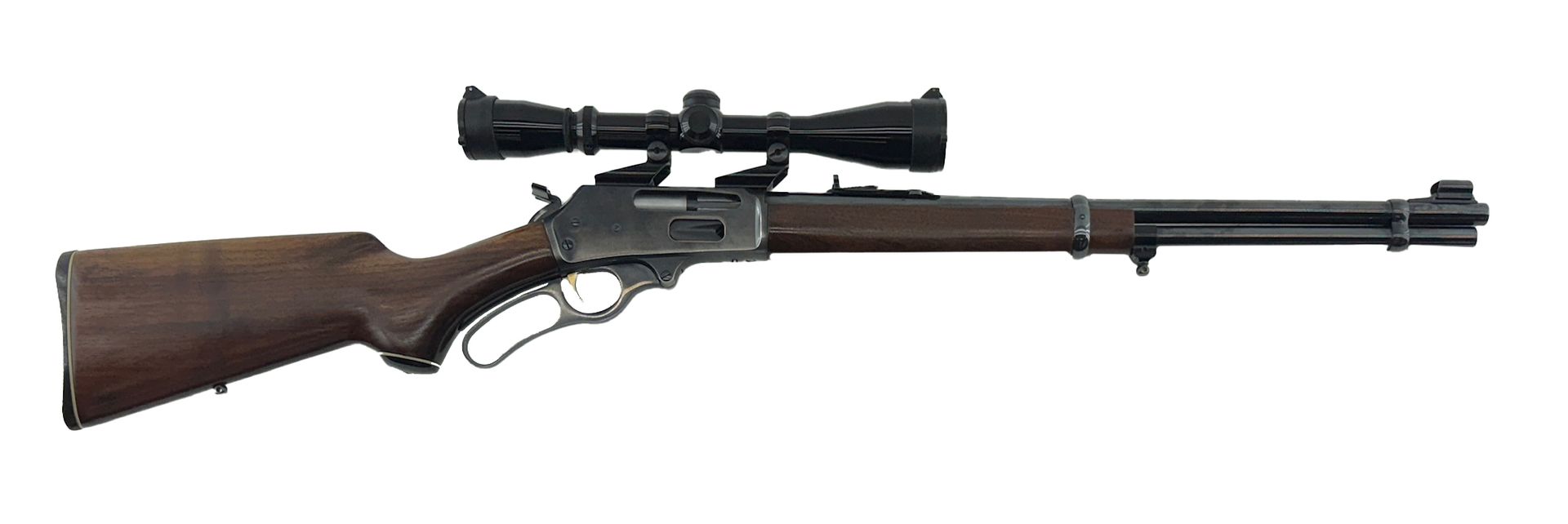 A lever-action rifle with a scope attached. Brown wooden stock, black barrel and scope.