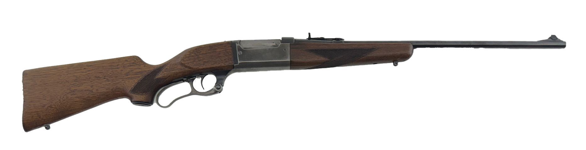 A lever-action rifle with a wood stock and a dark metal barrel.