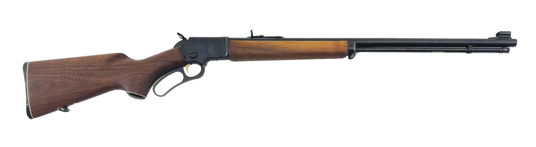 A lever-action rifle with a wooden stock and handguard.