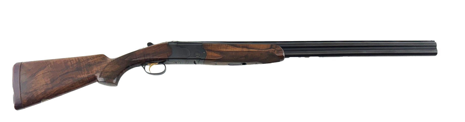 A wooden and black double-barreled shotgun on a white background.