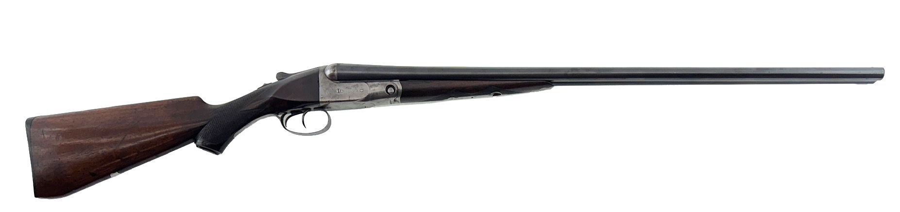 A side view of a double-barreled shotgun with a wooden stock against a white background.