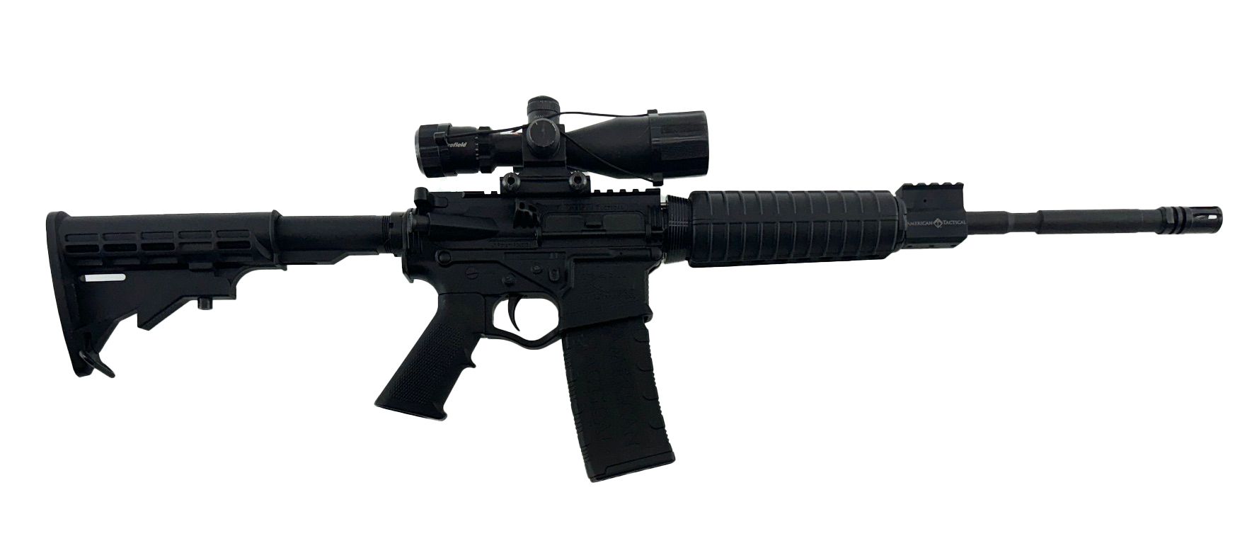Black rifle with scope and magazine, on white background.