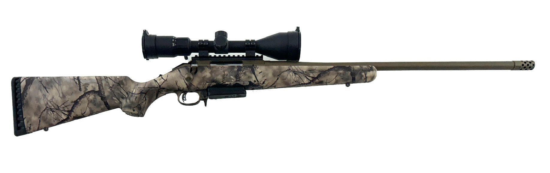 Camouflage hunting rifle with a scope, on a white background.
