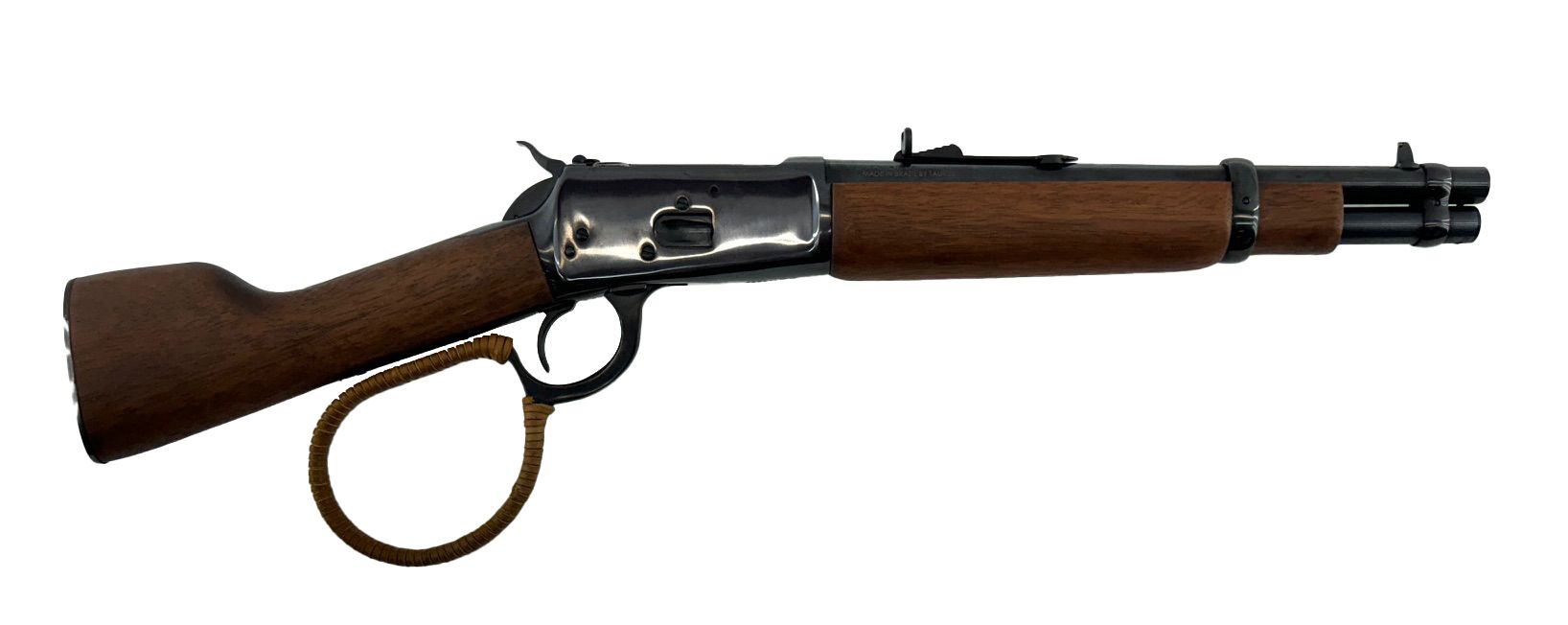 A lever-action rifle with a brown wooden stock and forend, barrel and metal receiver.
