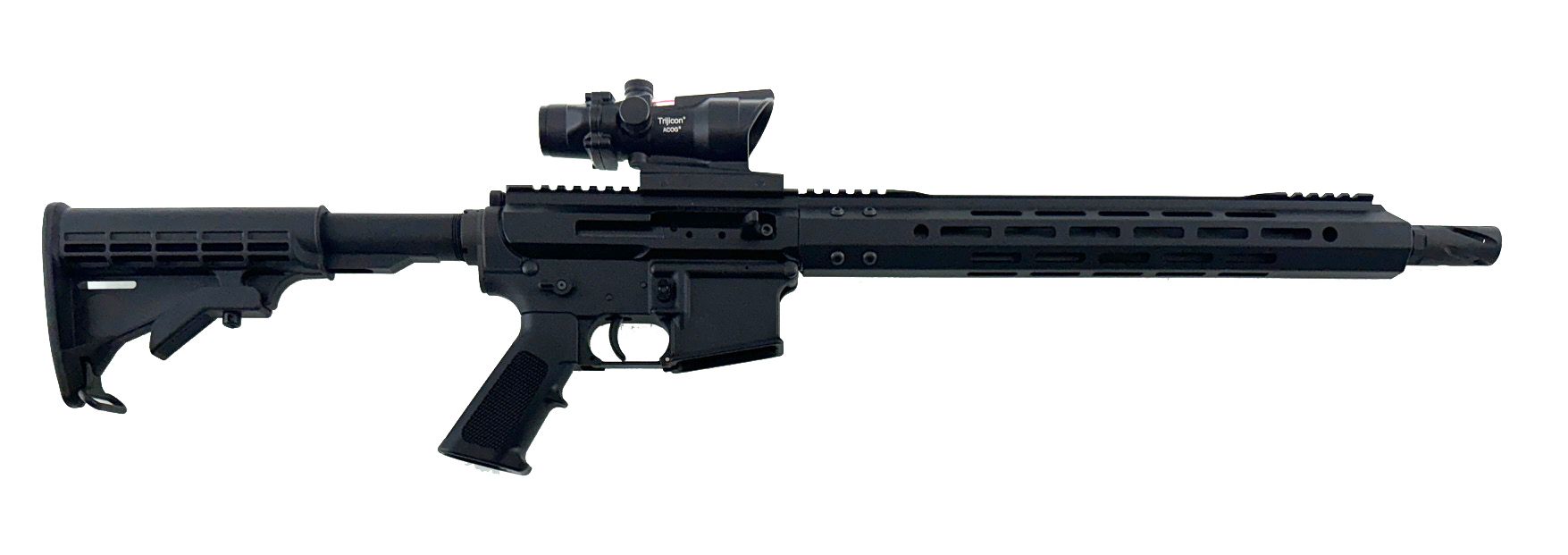 Black rifle with an attached scope.