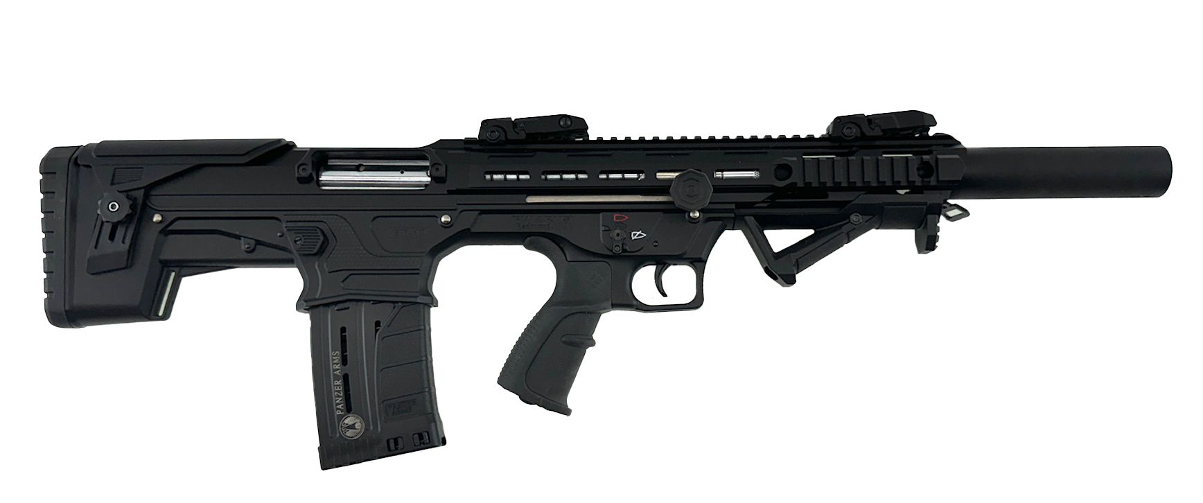 Black firearm with magazine, scope, forward grip, and suppressor.
