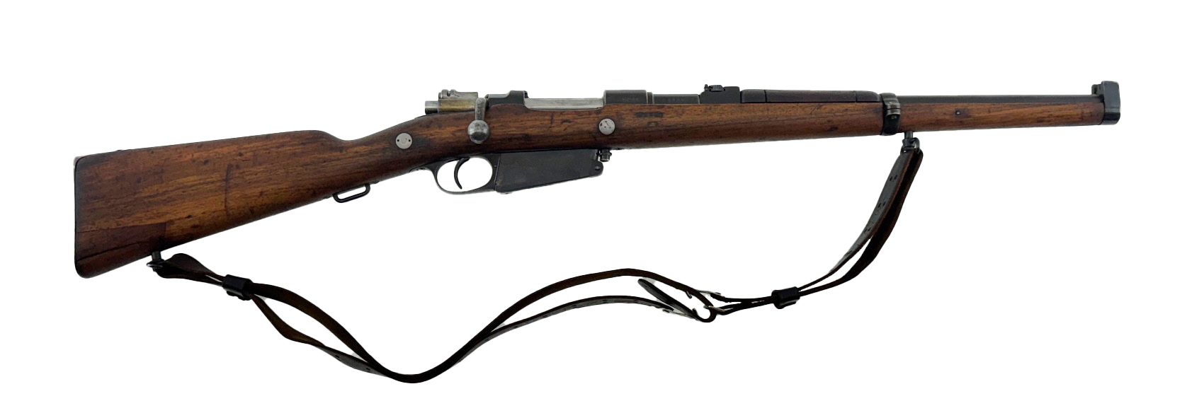 A rifle with a wooden stock, metal components, and a black sling against a white background.