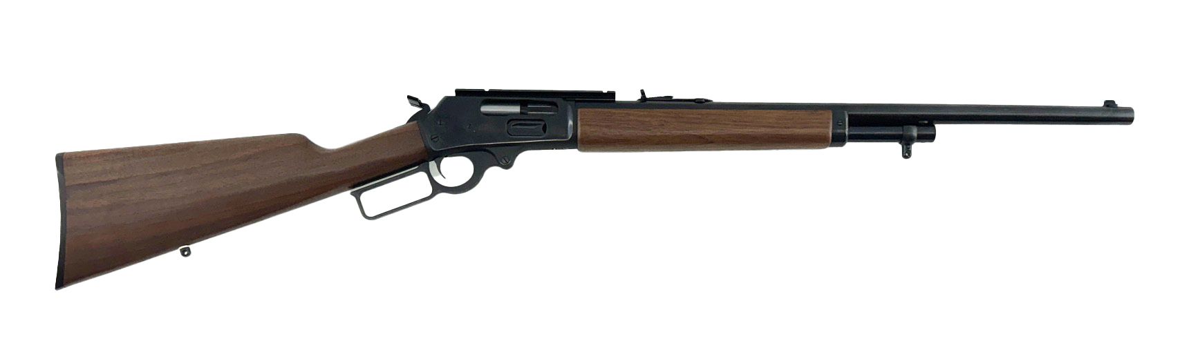 Lever-action rifle, wood grain stock and forend, black metal receiver and barrel.