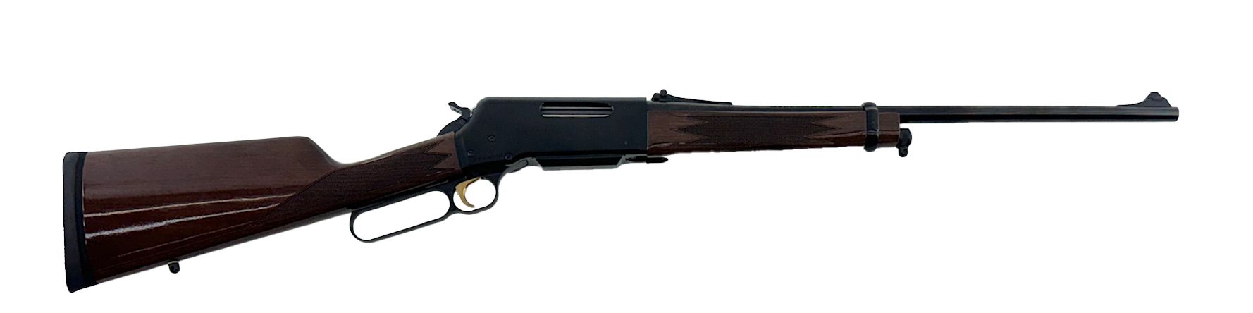 A lever-action rifle on a white background, brown stock and black barrel.
