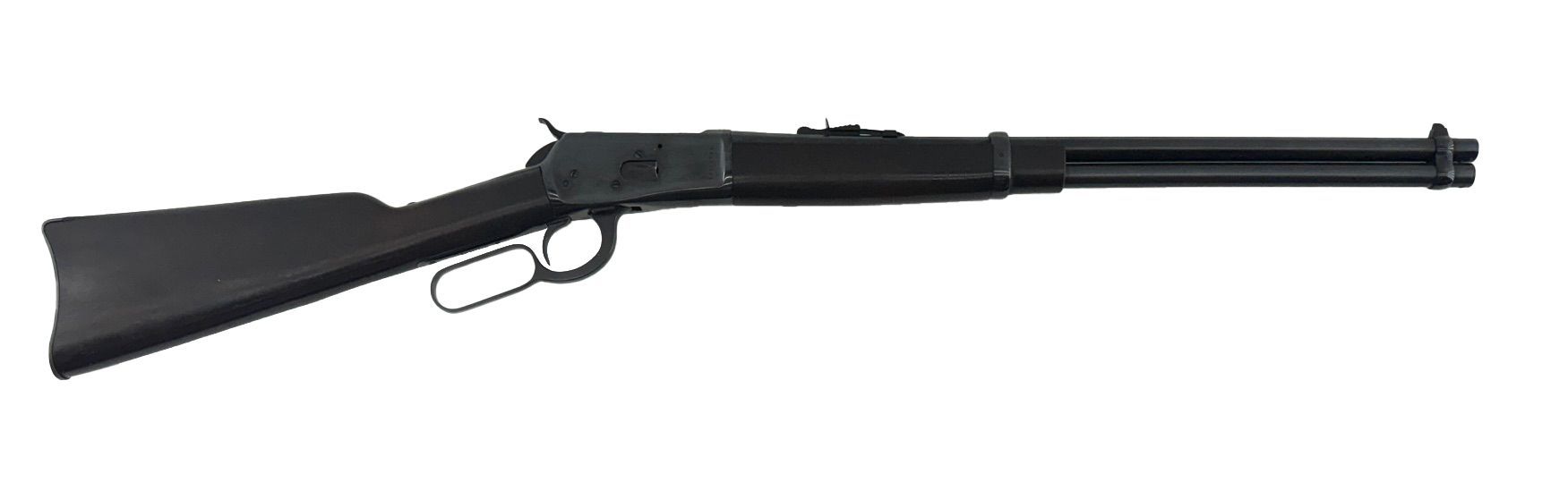 Black lever-action rifle on a white background.