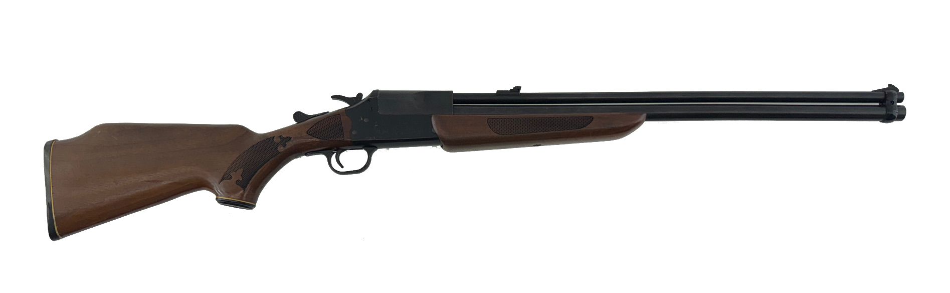 Brown and black double-barreled shotgun on a white background.