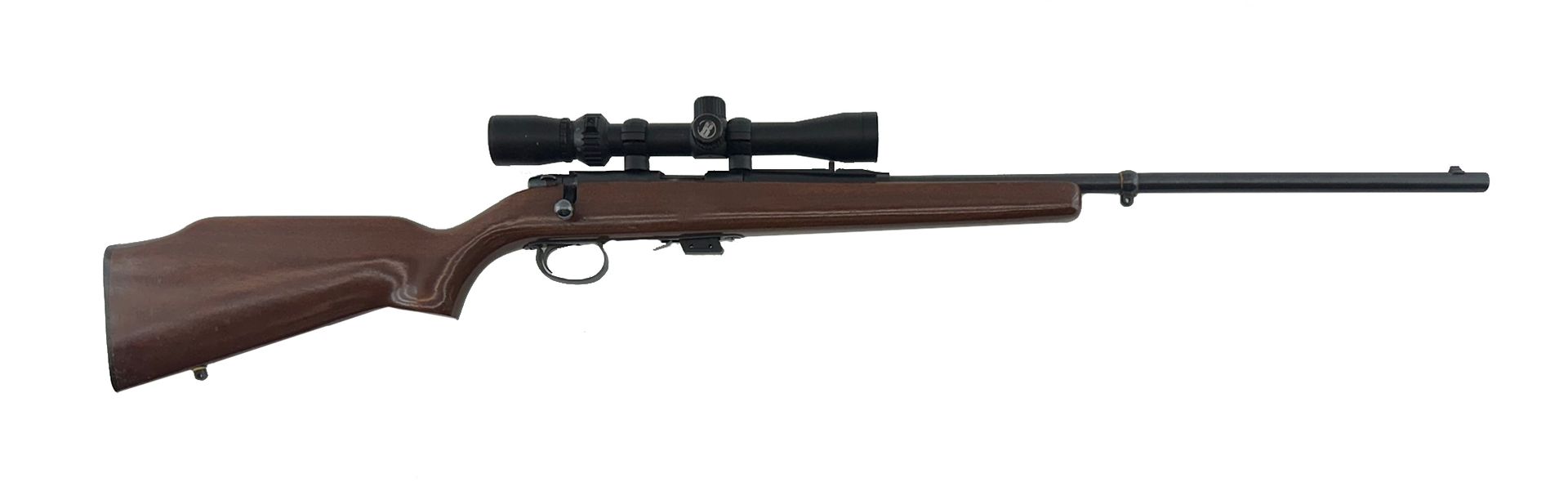 A brown rifle with a scope, against a white background.