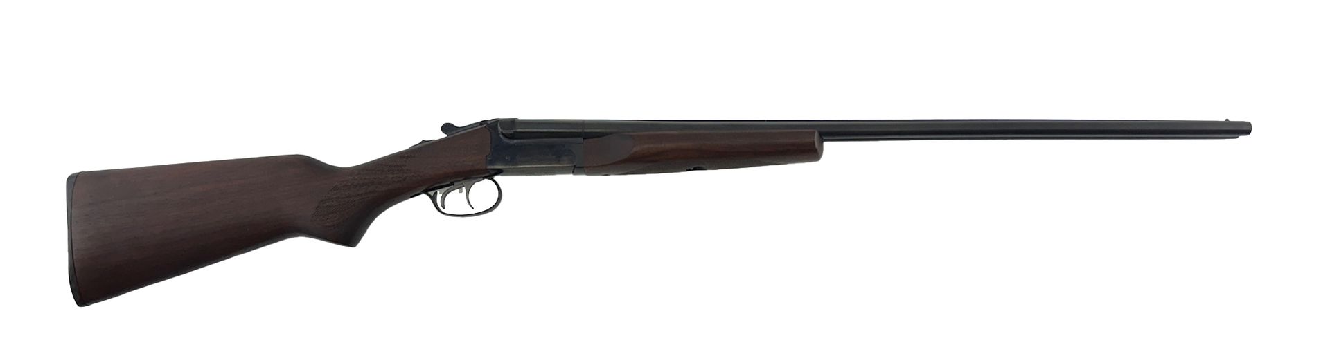 A double-barreled shotgun with a dark wooden stock and forend, against a white background.