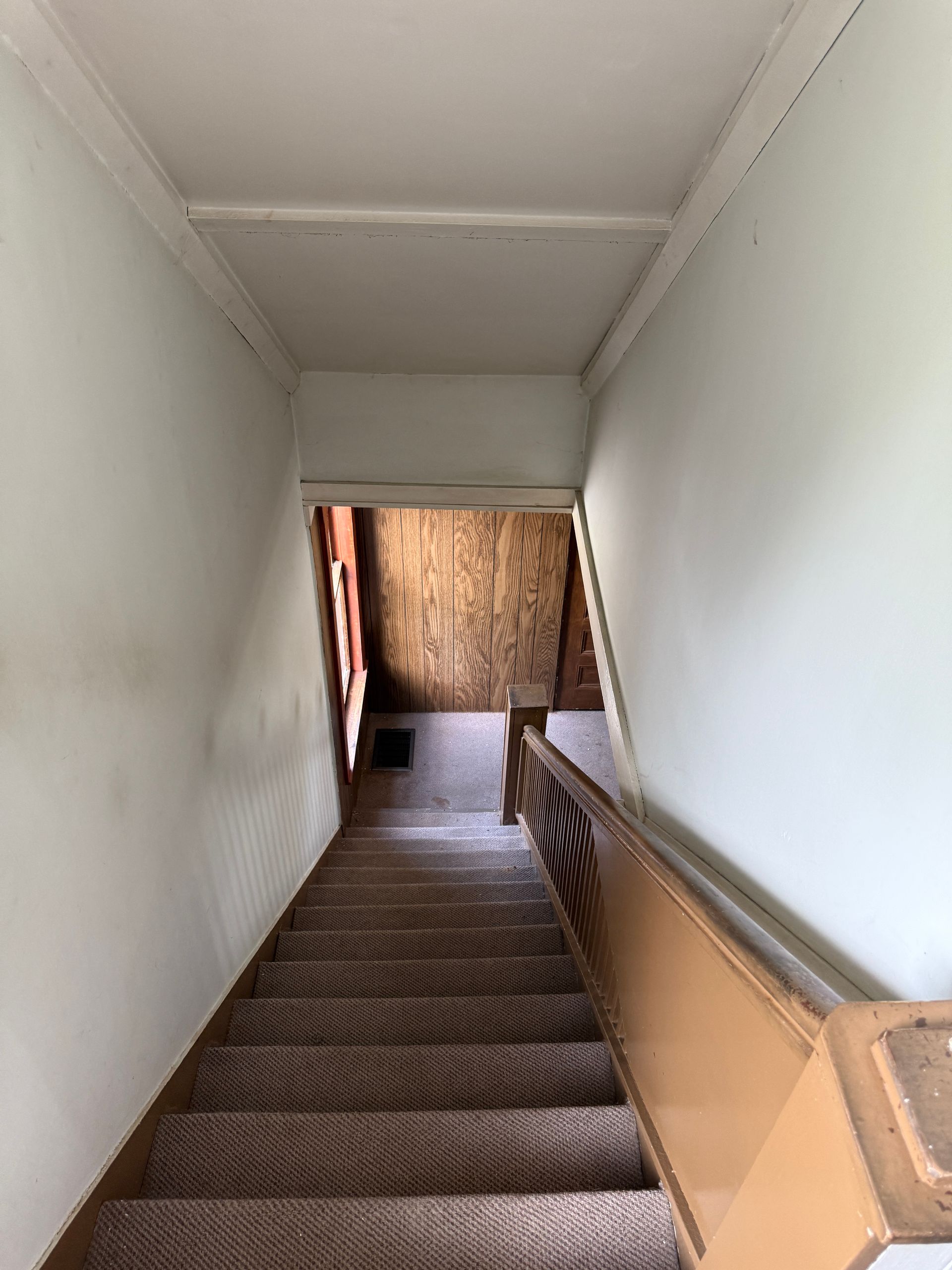 Staircase leading downwards; tan carpet, brown handrail, white walls and ceiling.