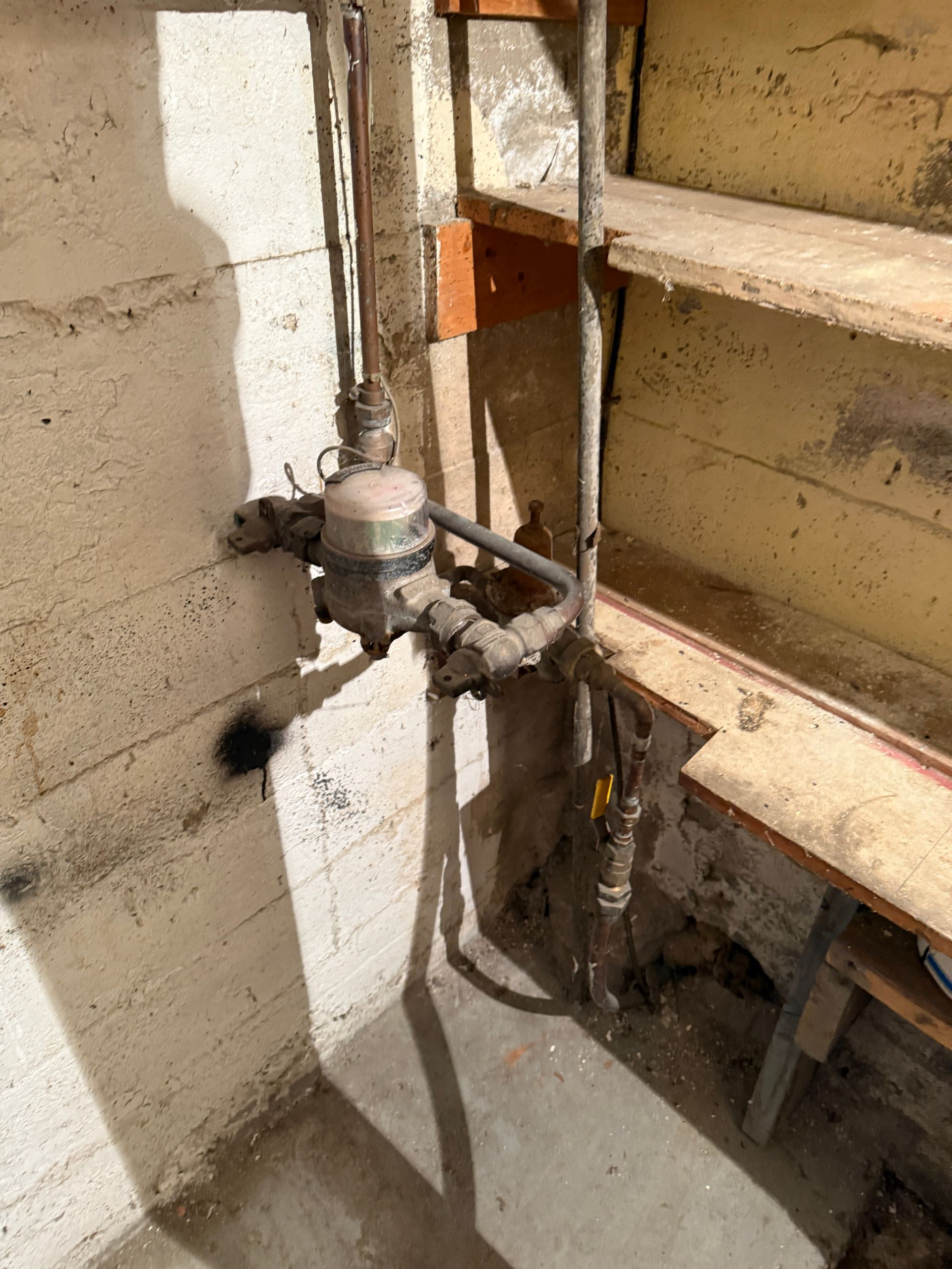 Water meter and pipes attached to a concrete wall in a basement, with shelves nearby.