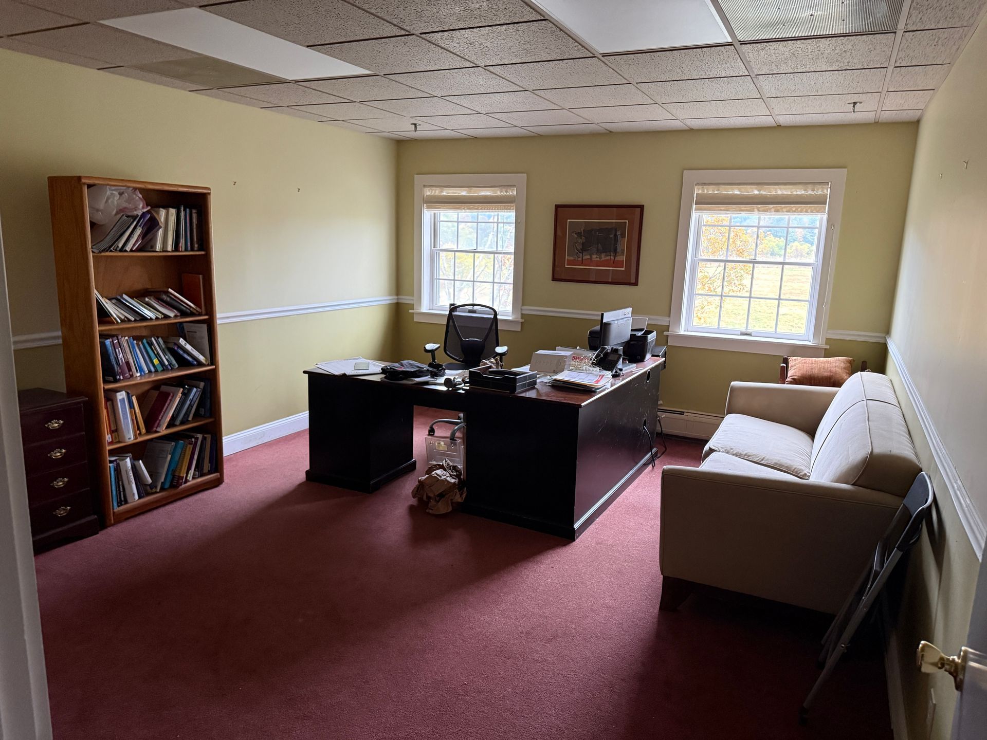 Office with desk, bookshelves, two windows, and a couch. Red carpet, beige walls.